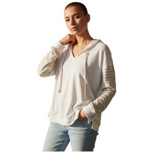 POL White Tan Striped Sleeve Hoodie Pullover Top Oversized Size S TKT437B